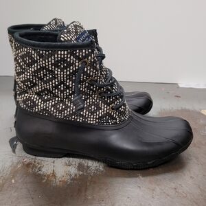 Sperry Womens Saltwater Black & White Tribal Weave Rubber Duck Boots Size 7.5